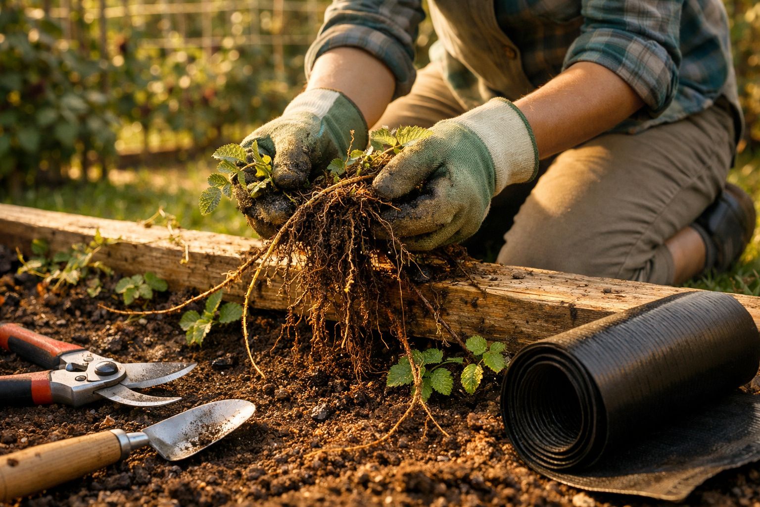 Pessoa a colher amoras num jardim, usando tesoura de poda, com balde cheio ao lado.