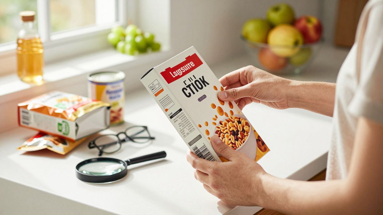 Pessoa segurando caixa de cereais numa cozinha com lupa e óculos sobre a mesa. Frutas ao fundo.