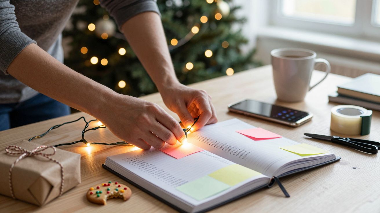 Pessoa enrola luzes de Natal sobre uma agenda numa mesa com um presente, bolacha, smartphone e chávena.