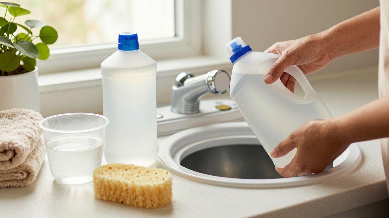 Mãos seguram garrafa de detergente perto de um lavatório, com esponja, toalha e garrafa ao lado.