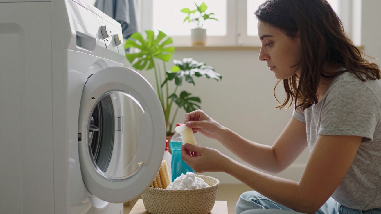 Mulher colocando detergente em máquina de lavar roupa com cesto ao lado, numa lavandaria iluminada por janela.