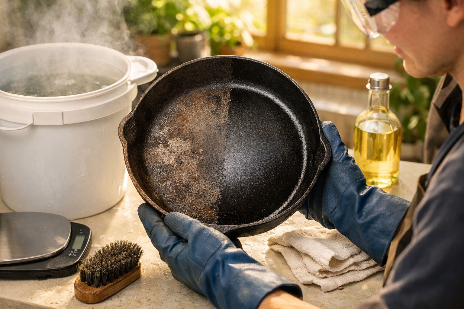 Pessoa com luvas limpa uma panela com tampa na cozinha, perto de uma bacia de plástico e planta ao lado de uma janela.