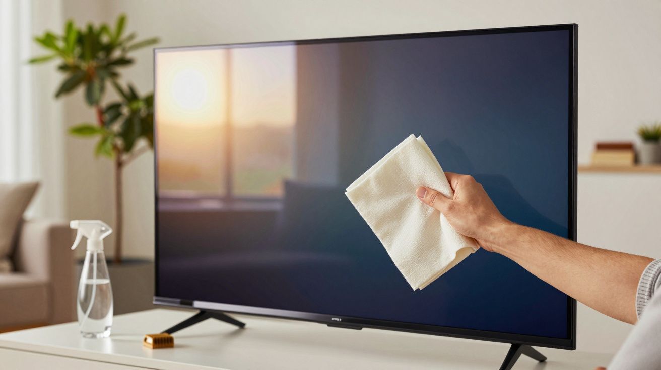Pessoa a limpar uma televisão com pano branco, spray de limpeza ao lado, em sala iluminada.