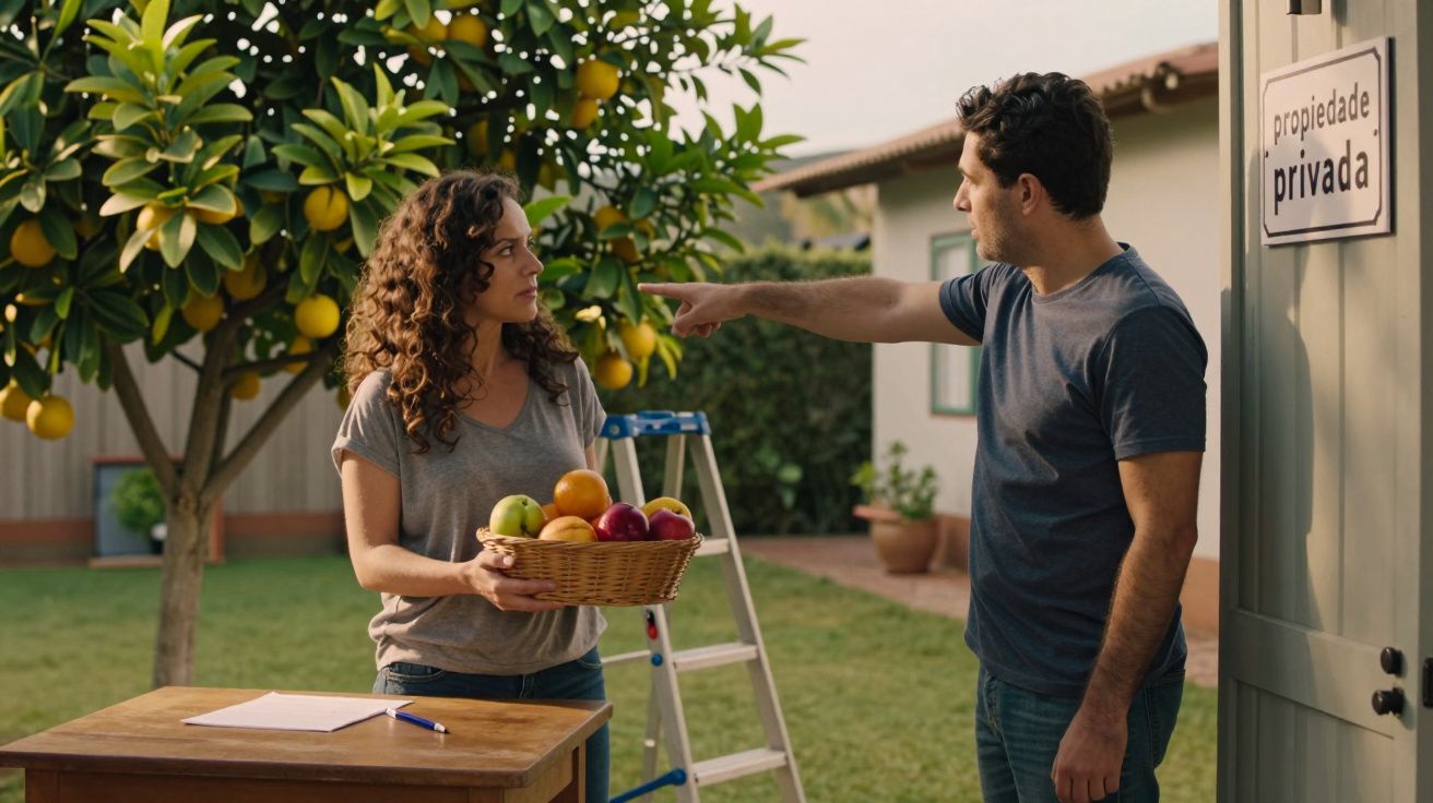 Homem e mulher discutem junto a árvore de fruta; ele aponta para um cartaz de "propriedade privada".
