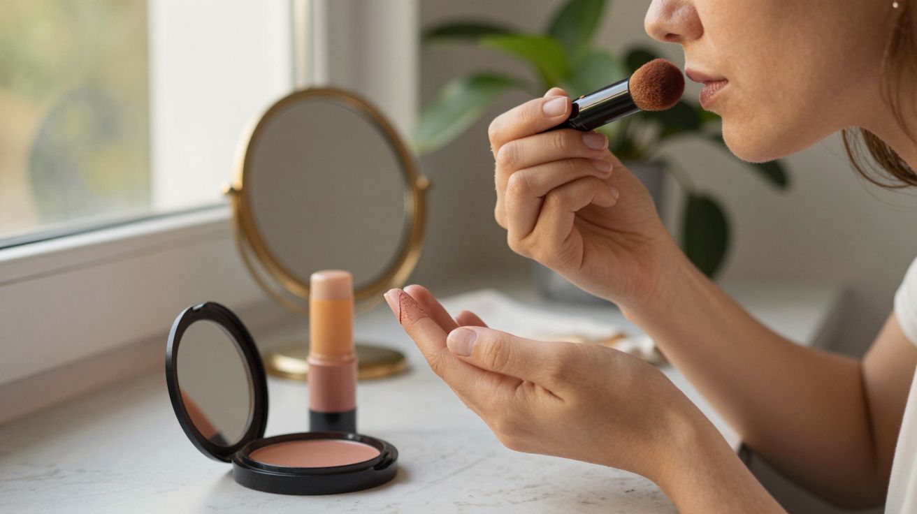Mulher aplicando blush com pincel em frente a espelho redondo; maquiagem e cosméticos na bancada.