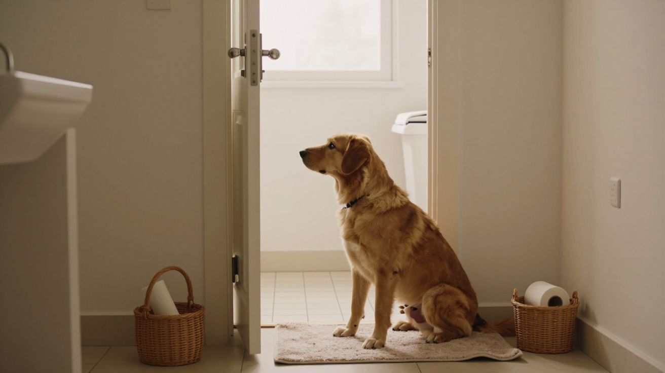Cão dourado sentado numa casa de banho, com cestos e rolo de papel higiénico ao lado.