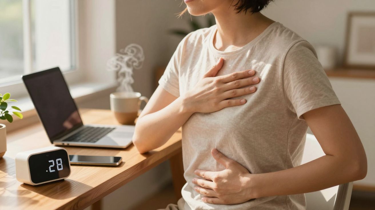 Mulher sentada em mesa, com uma mão no peito e outra na barriga, perto de portátil e chávena de café.
