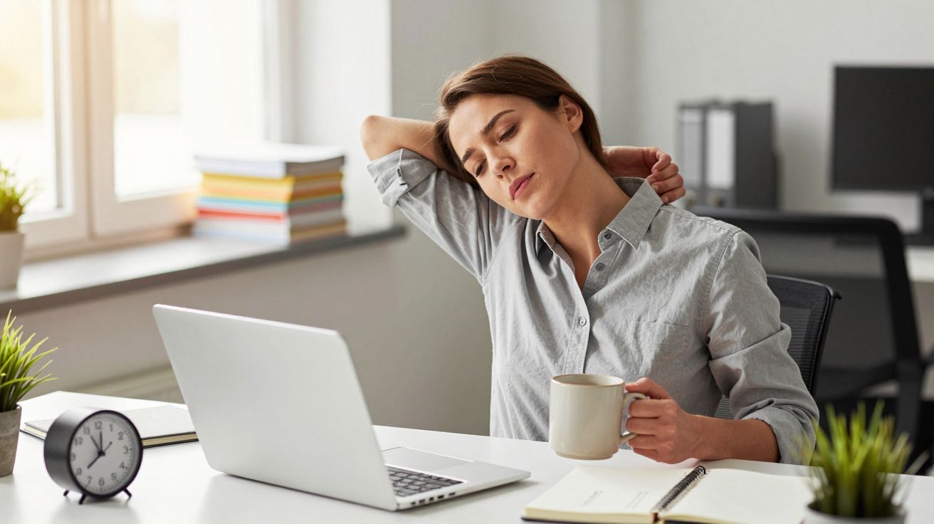 Mulher cansada, sentada à frente de um portátil, segurando uma caneca e massajando o pescoço.