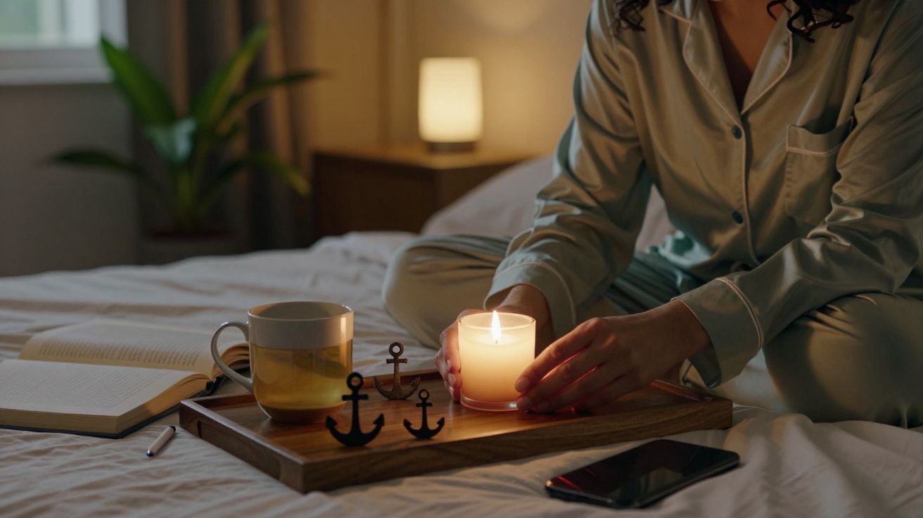 Pessoa em pijama acende vela numa bandeja com chá e livro sobre a cama.