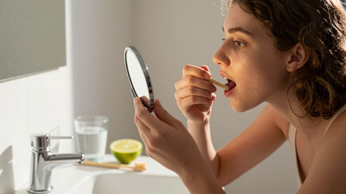 Mulher examinando a boca com espelho de mão; copo de água e limão ao fundo.