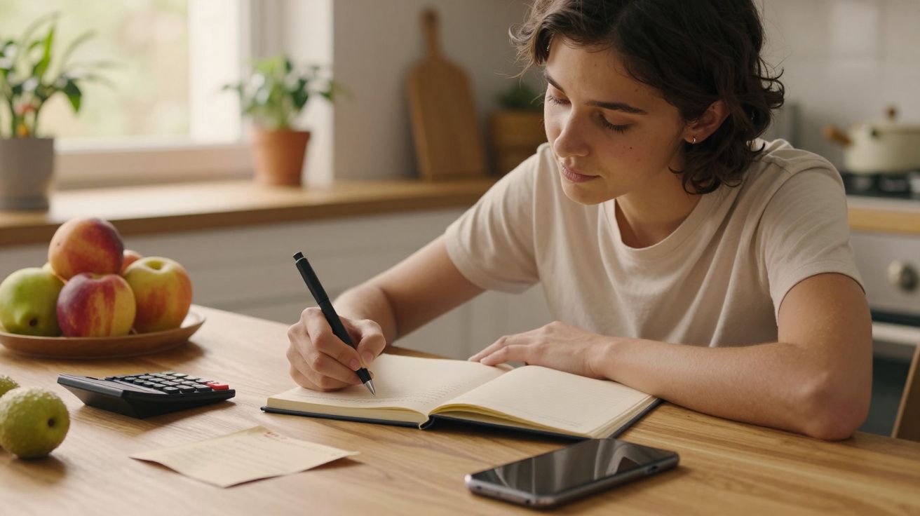 Pessoa escreve em caderno numa cozinha, com frutas, calculadora e telemóvel sobre a mesa.