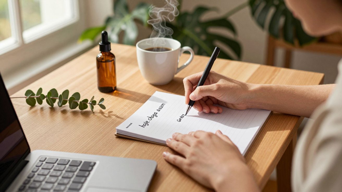 Pessoa escreve numa agenda em cima de uma mesa com computador, chávena de café, frasco e planta.