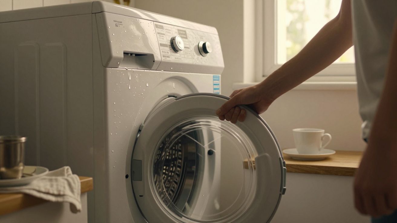Pessoa a abrir a porta de uma máquina de lavar roupa, numa cozinha bem iluminada com uma chávena ao fundo.
