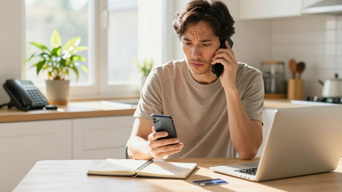 Homem sério fala ao telemóvel e olha para o smartphone, com portátil, agenda e cartão na mesa, numa cozinha iluminada.