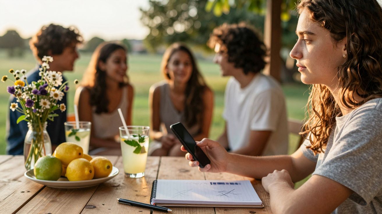 Mulher segura um telemóvel numa mesa exterior com flores, limões e cadernos; grupo de amigos conversa em segundo plano.