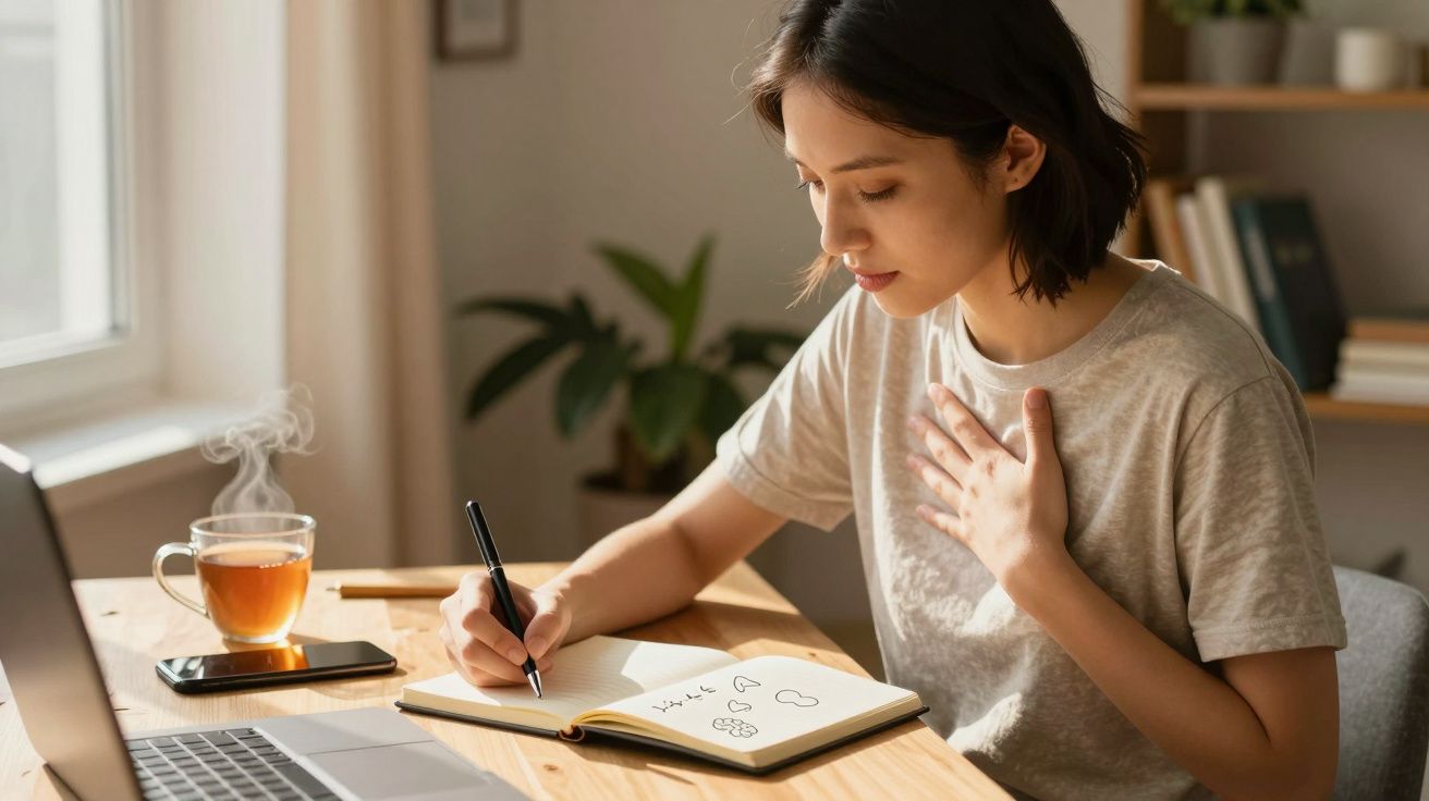Mulher escrevendo num bloco de notas com chá ao lado, em ambiente iluminado pela luz solar através da janela.