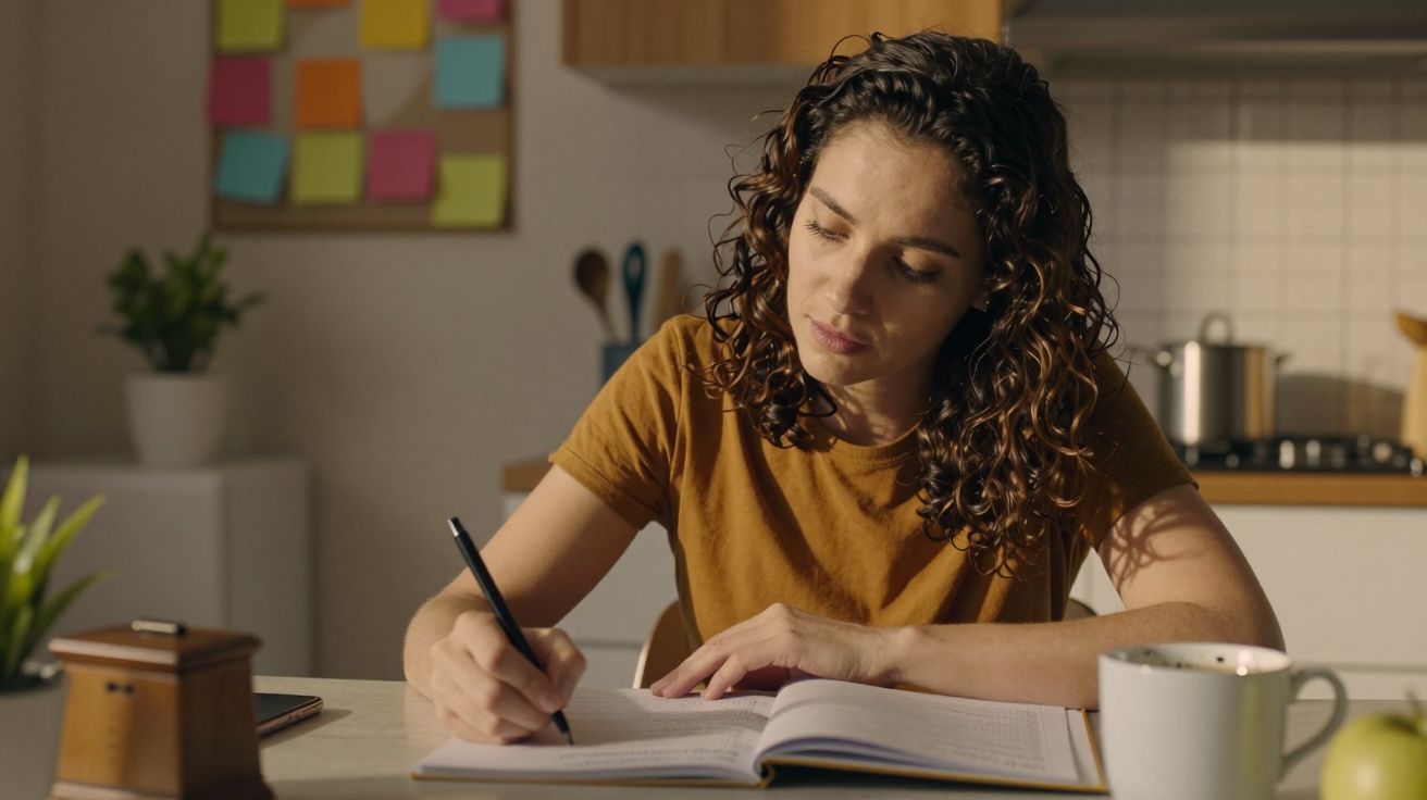 Mulher de cabelo encaracolado escreve num caderno na cozinha, com uma caneca e planta ao lado.