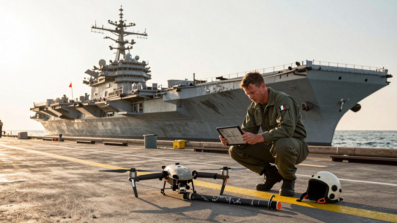 Homem com tablet ajoelhado junto a um drone num porta-aviões no mar. Capacete de segurança ao lado.