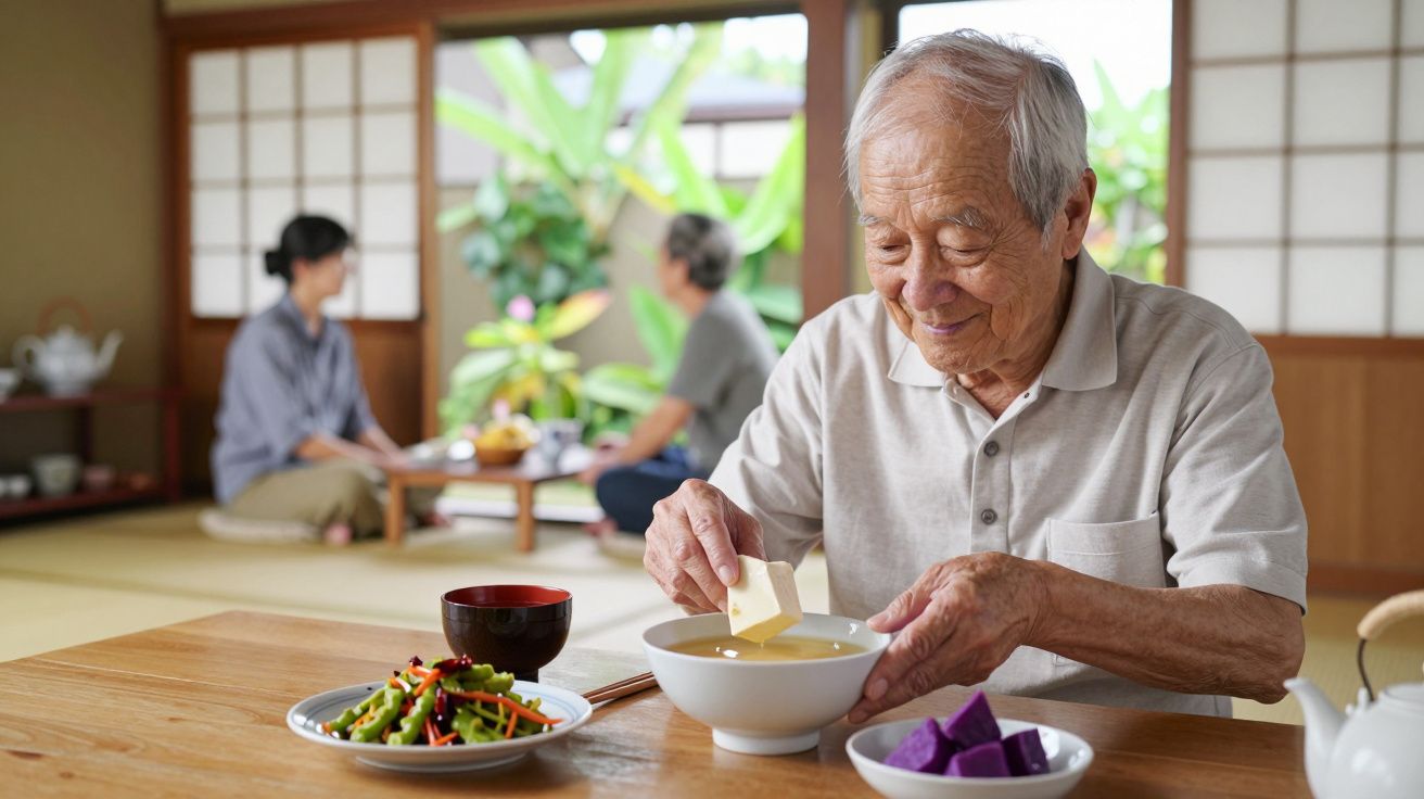 Idoso a comer numa refeição tradicional japonesa, com pessoas ao fundo numa sala de tatami.
