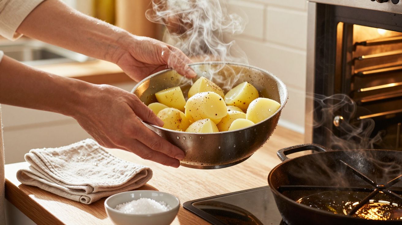 Mãos seguram tigela de batatas cozidas com vapor, sal e pimenta ao lado de fogão e toalha na cozinha.