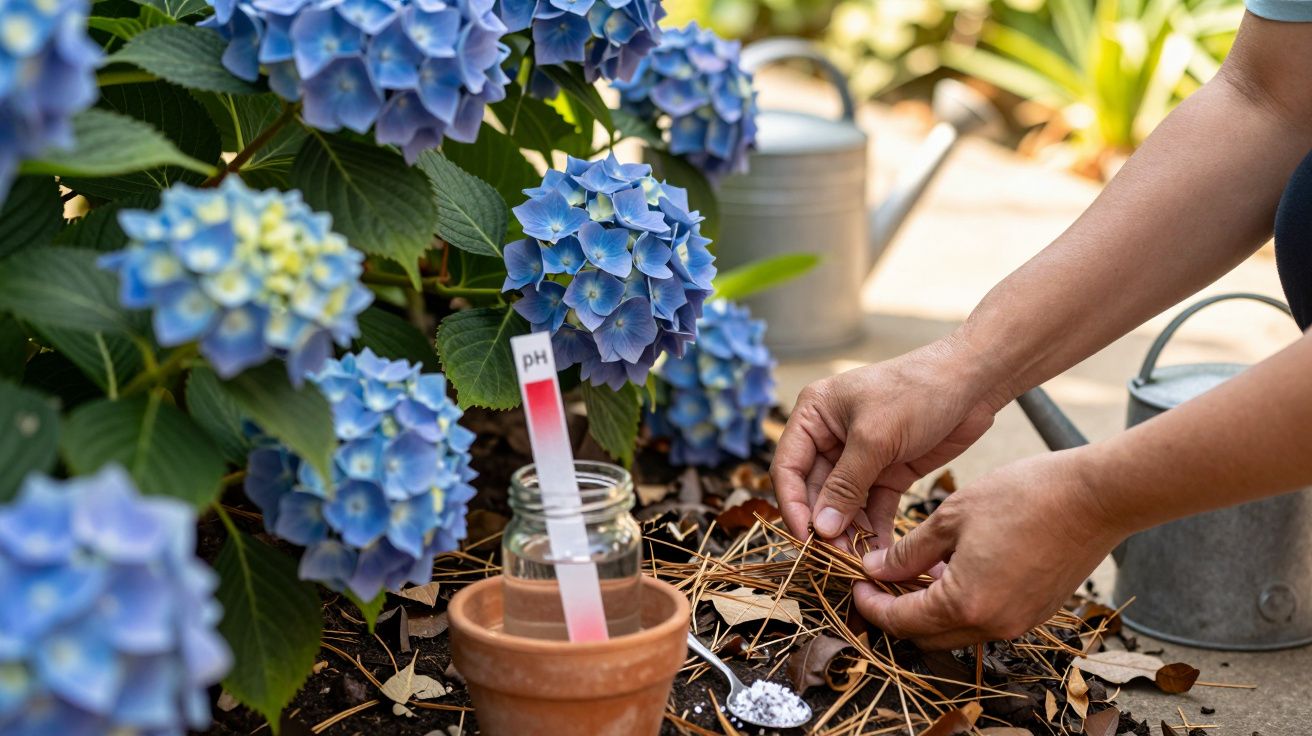 Mãos cuidando de hortênsias roxas, medindo o pH do solo ao lado de um regador e um vaso de terracota.
