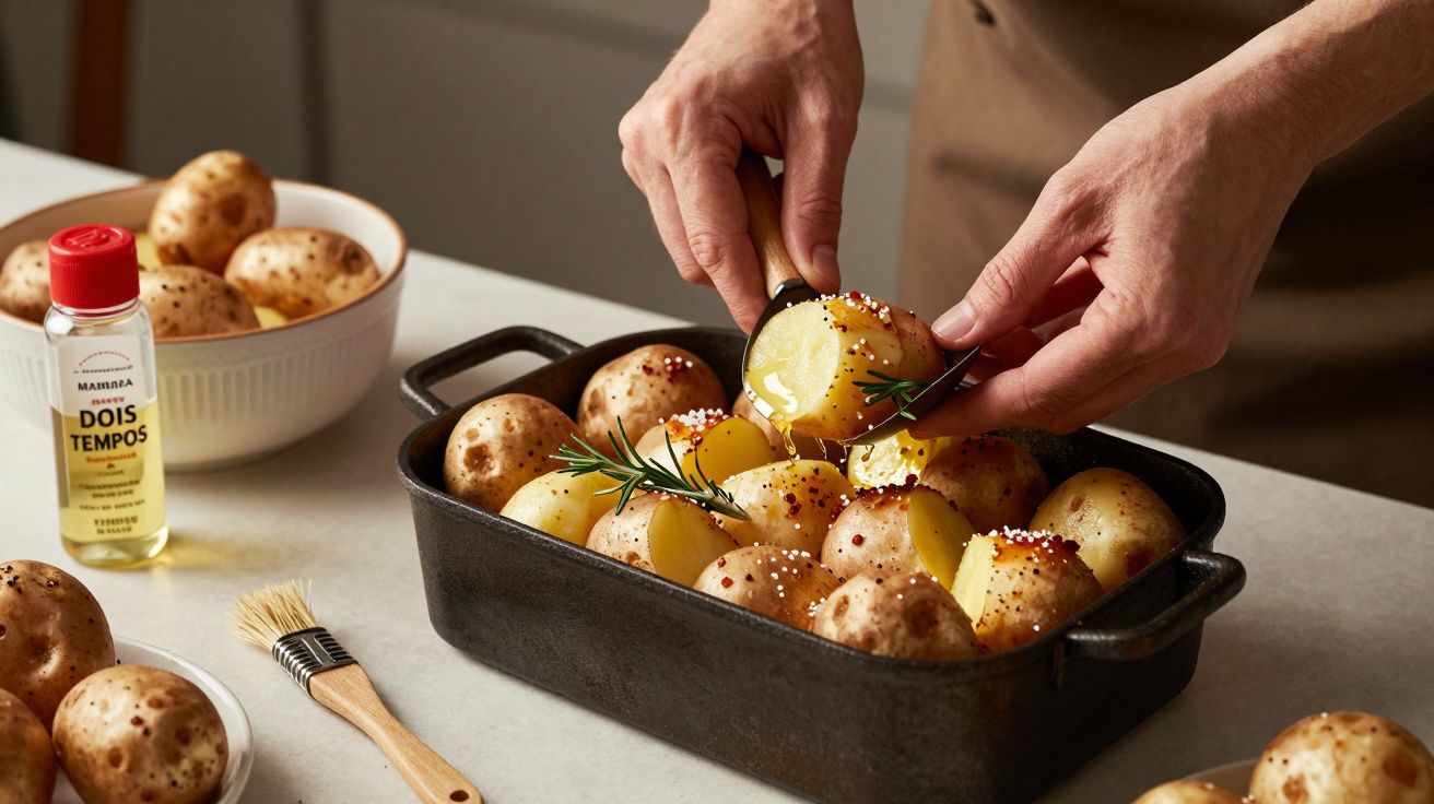 Mãos preparam batatas no forno com alecrim, acompanhadas por um frasco de óleo e um pincel sobre a bancada.