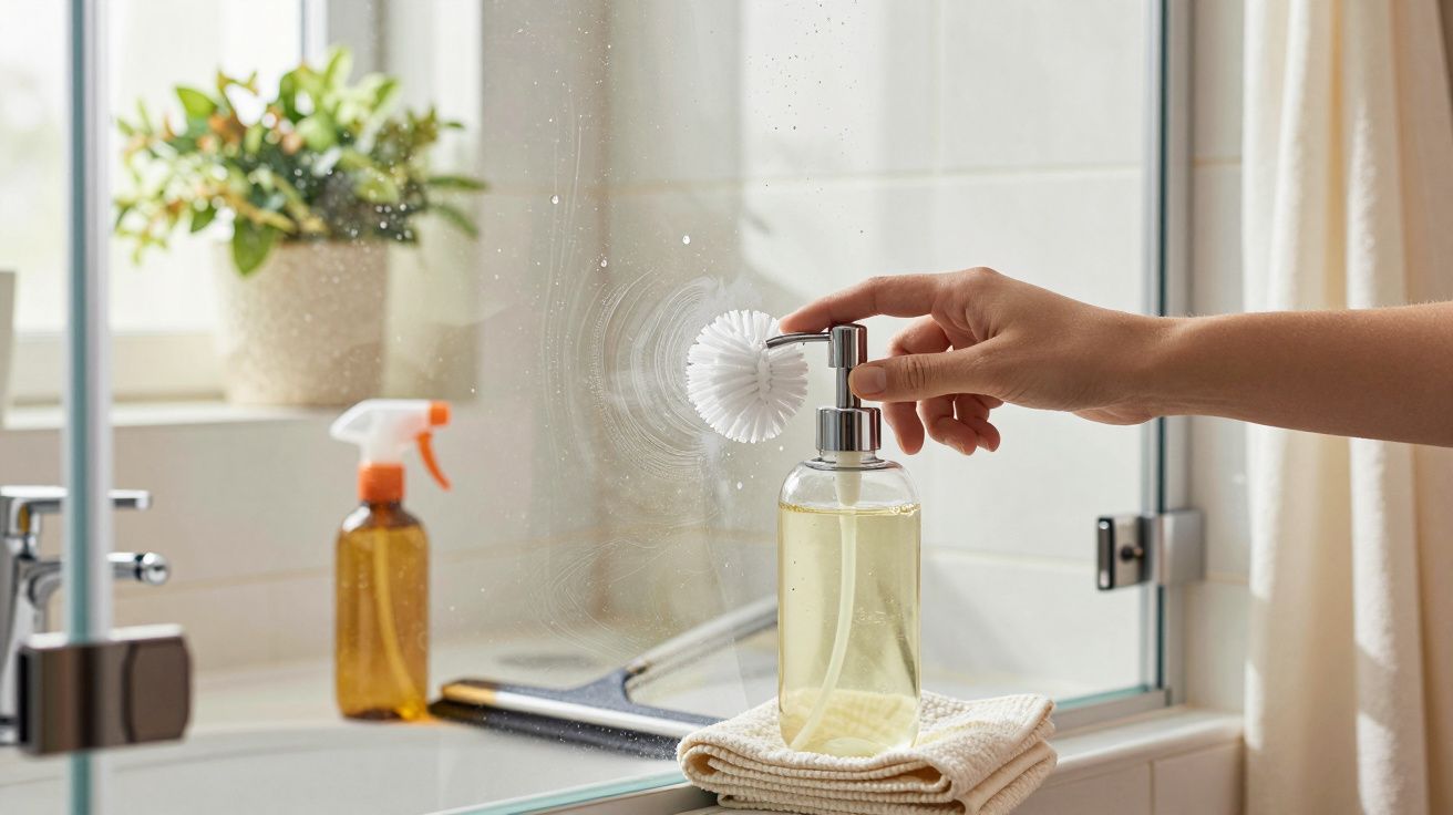 Mão a limpar espelho de casa de banho com escova e detergente líquido.