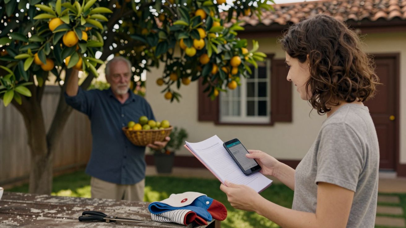 Mulher consulta telemóvel e anotações junto a mesa, enquanto homem colhe citrinos em cesto no jardim.