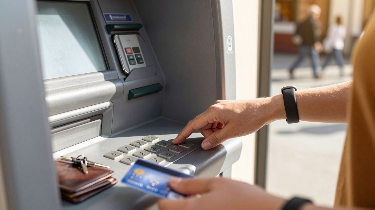 Pessoa a inserir código numérico num multibanco ao ar livre, com cartão e carteira ao lado.