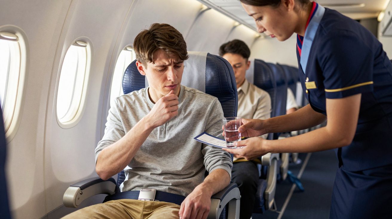 Assistente de bordo oferece água a homem com ar desconfortável num avião.