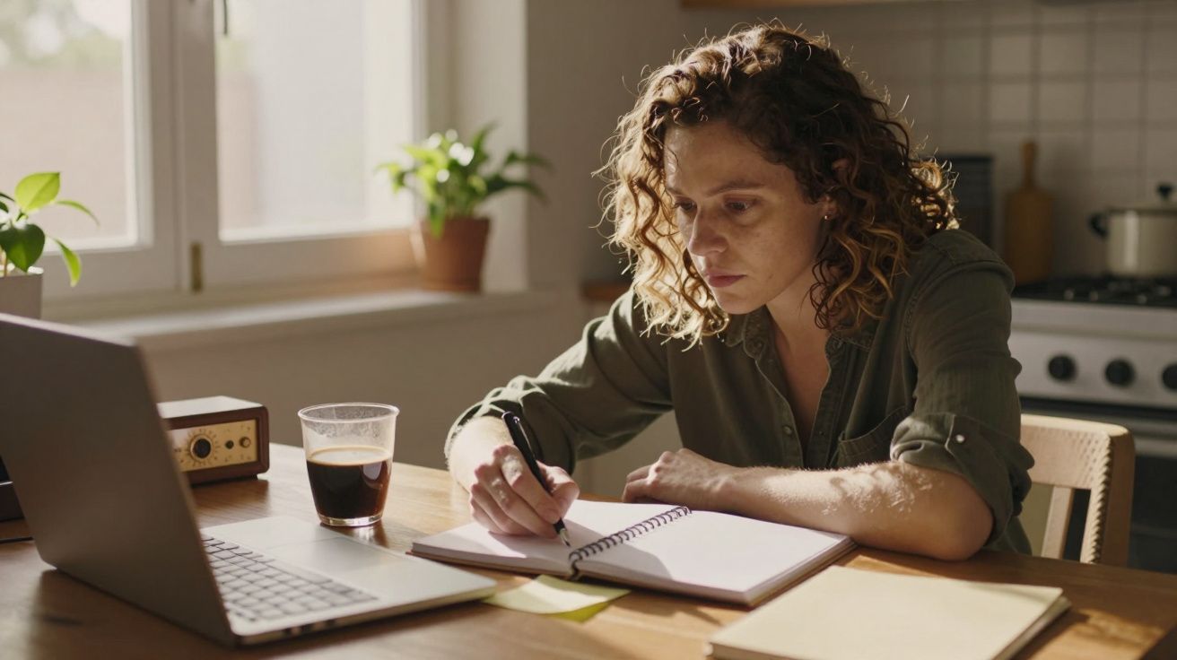 Mulher escreve num caderno em frente a um portátil numa cozinha, com uma chávena de café ao lado.