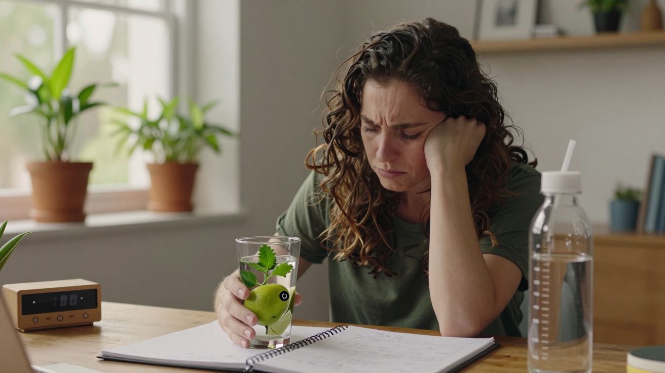Mulher pensativa segura copo de água com limão, sentada em mesa com caderno e plantas ao fundo.