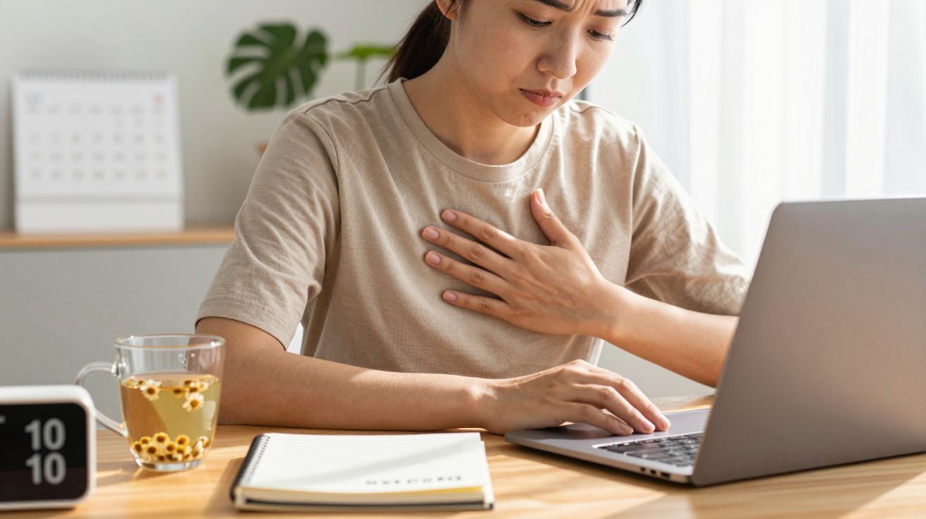 Mulher sentada à mesa, com a mão no peito, olhando para o portátil; chá e caderno ao lado.