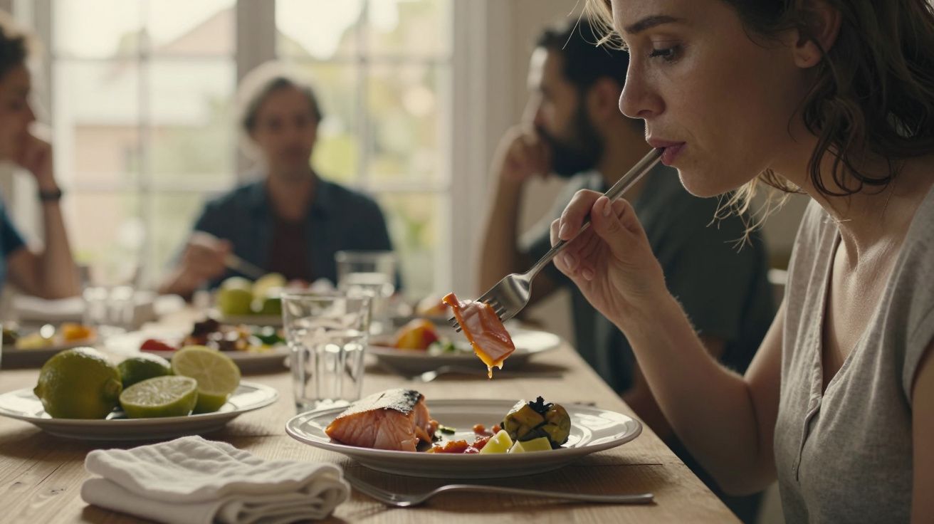Mulher a comer salmão à mesa, rodeada por mais três pessoas, numa refeição descontraída com luz natural.