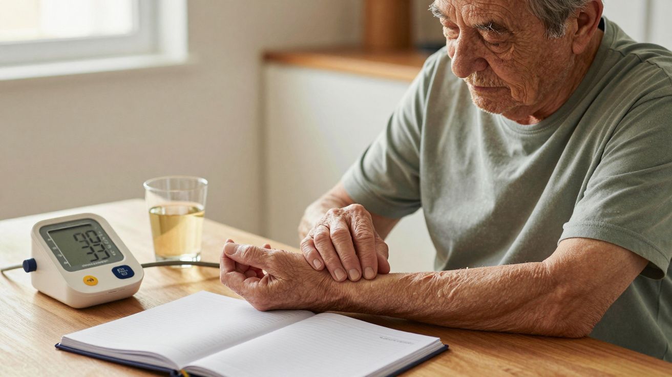 Idoso verifica o pulso com um medidor de pressão ao lado, sentado à mesa com um copo de água e um caderno aberto.