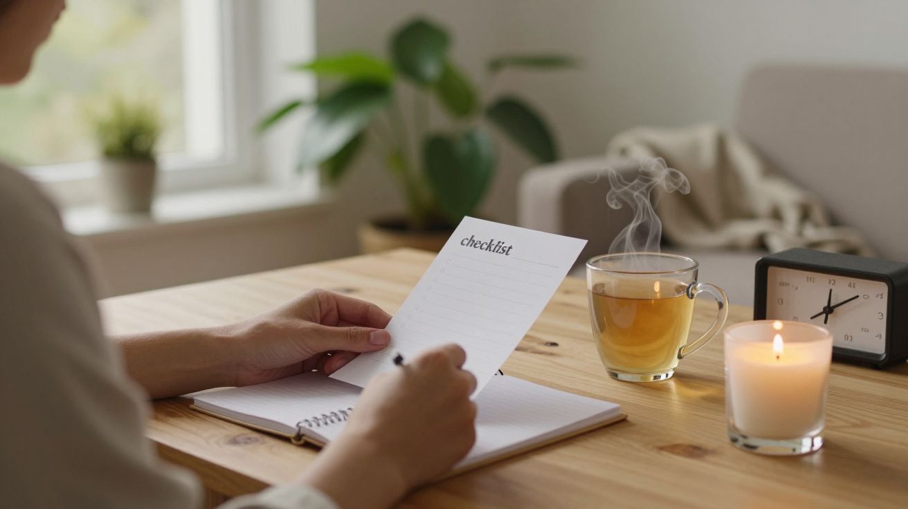 Pessoa escreve numa lista de tarefas, com chá fumegante, vela acesa e relógio sobre a mesa.