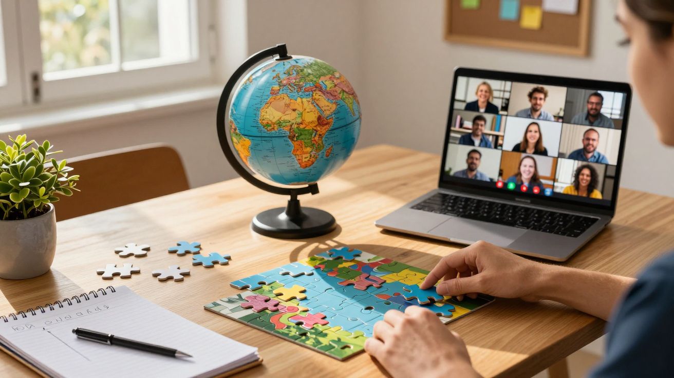 Pessoa montando puzzle ao lado de globo terrestre, com videoconferência no portátil.