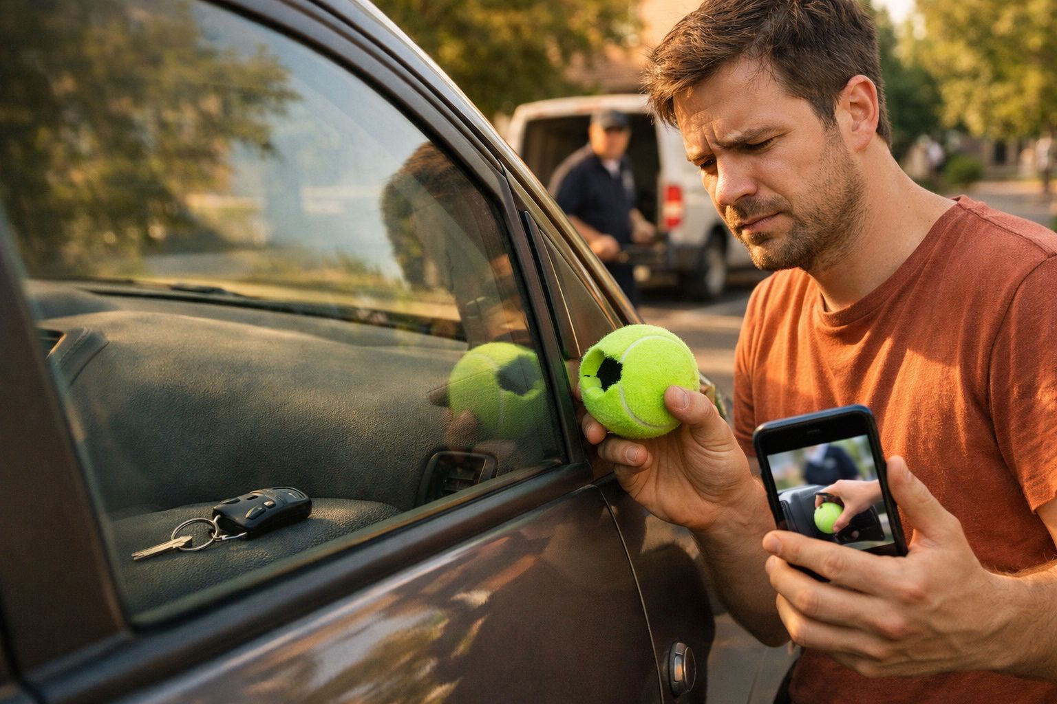 Pessoa coloca uma bola de ténis num carro, perto de um caderno e telemóvel sobre o capô, com chaves no para-brisa.