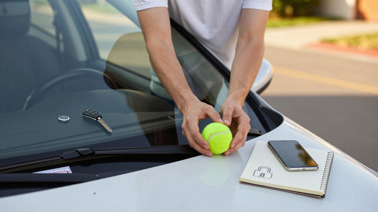 Pessoa a usar bola de ténis para destrancar carro, junto a chave, caderno e telemóvel no capô.