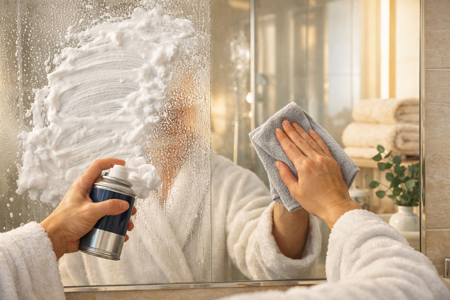 Mulher aplicando sabão nas mãos em frente ao espelho da casa de banho. Toalhas azuis ao lado da torneira.