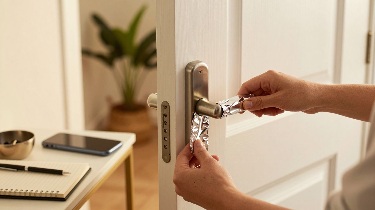 Pessoa a inserir chave numa porta branca, com notebook e telemóvel sobre uma mesa ao fundo.