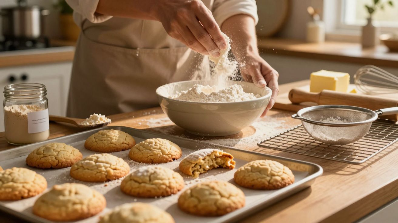 Pessoa polvilha farinha numa tigela na cozinha, com tabuleiro de bolachas no balcão.