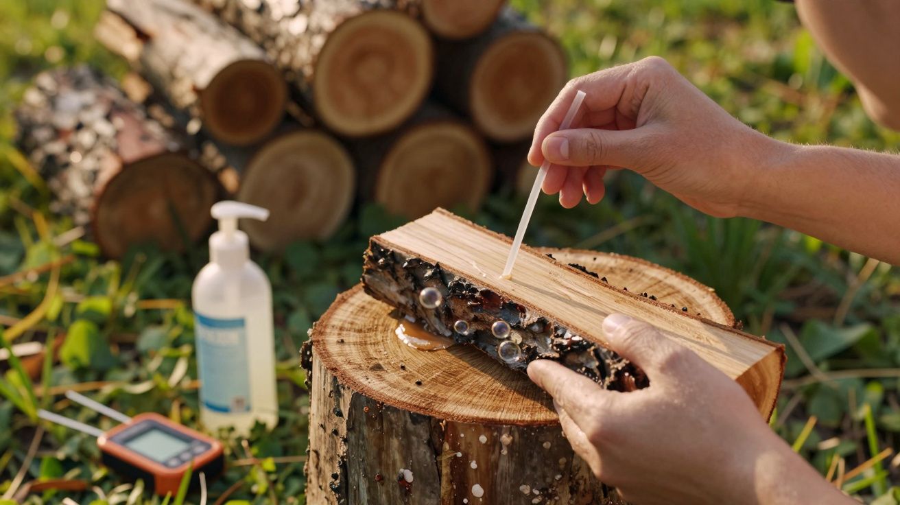Mãos seguram pedaço de madeira com gotas e cotonete. Troncos empilhados e produtos ao fundo em relva.