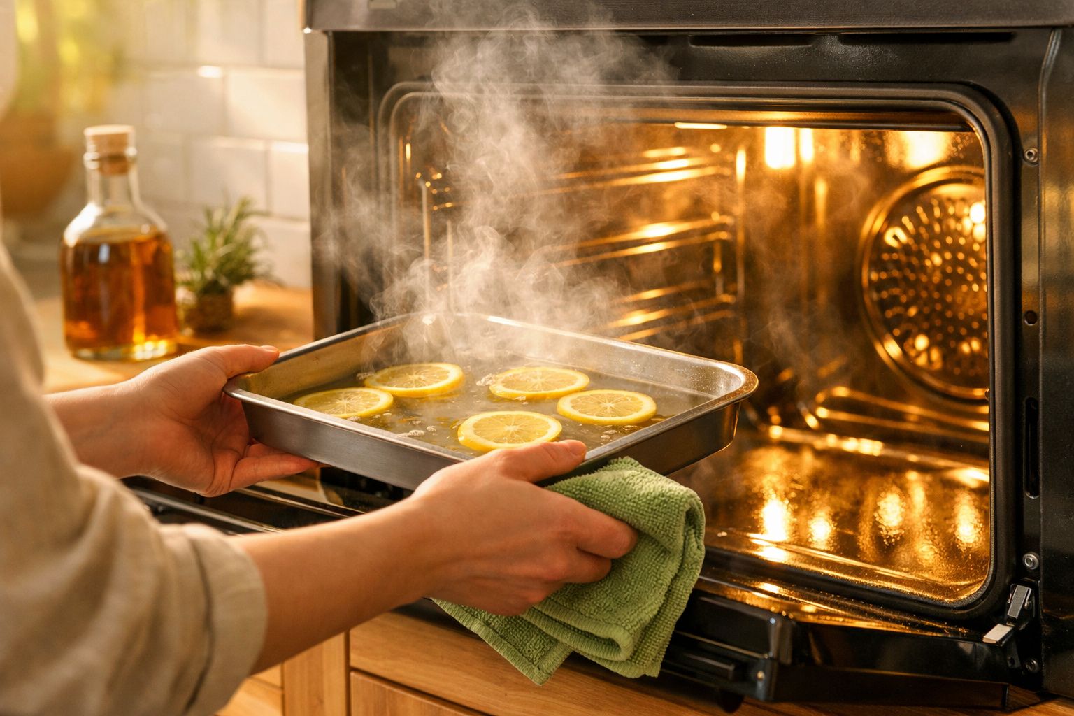 Mãos segurando um pano próximo a um forno aberto com vapor, fundo de cozinha com limões e ervas.