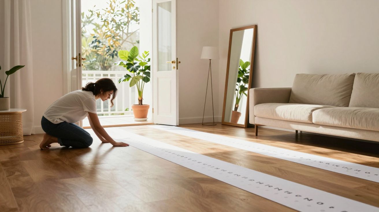 Mulher ajoelhada no chão de madeira, examina rolos de papel com letras, numa sala iluminada com plantas e sofá.