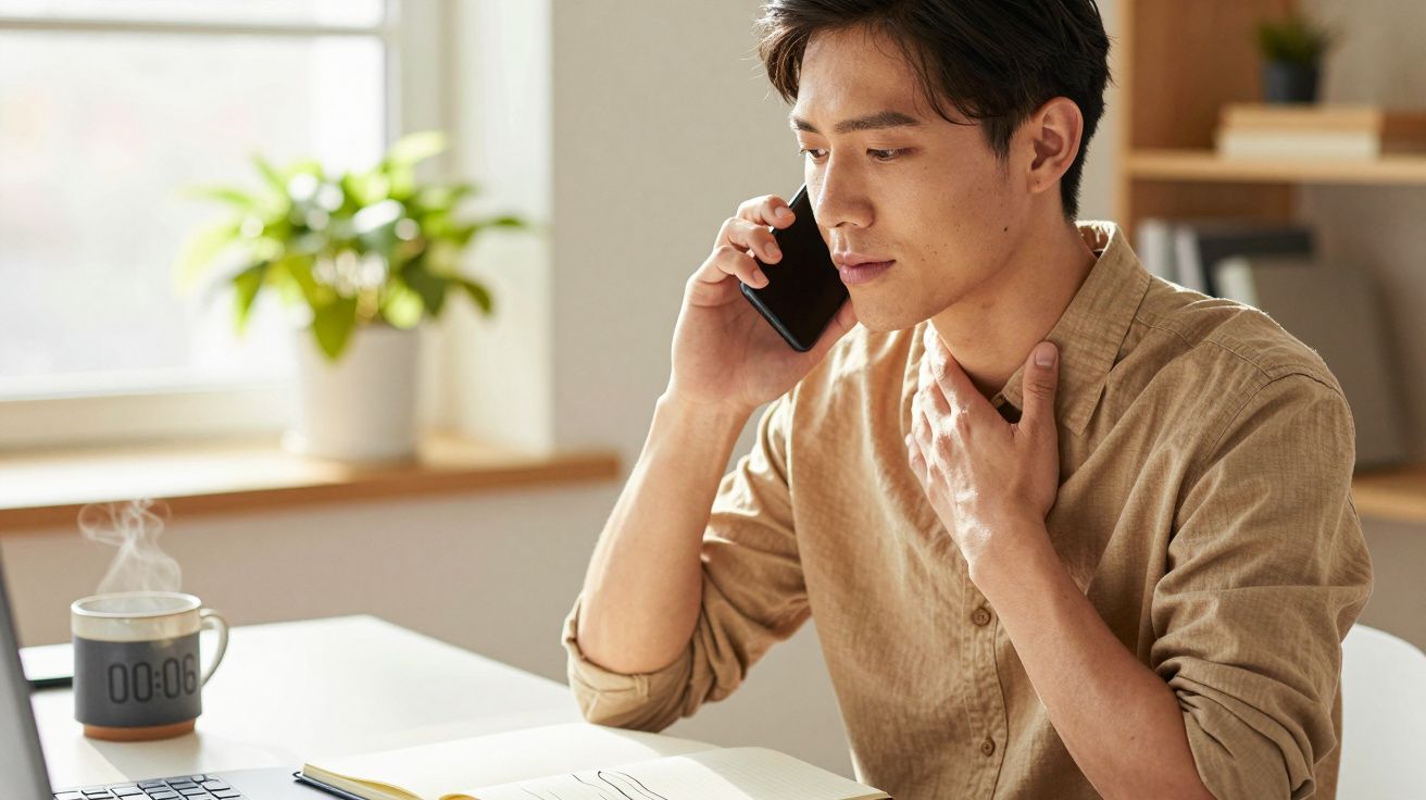 Homem ao telefone, sentado à mesa com chávena fumegante, planta e janela ao fundo.