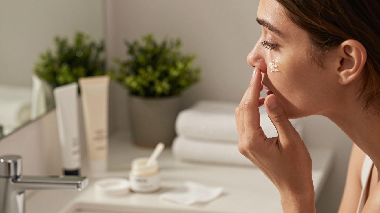 Mulher aplica creme na face em frente ao espelho, com plantas e toalhas ao fundo.