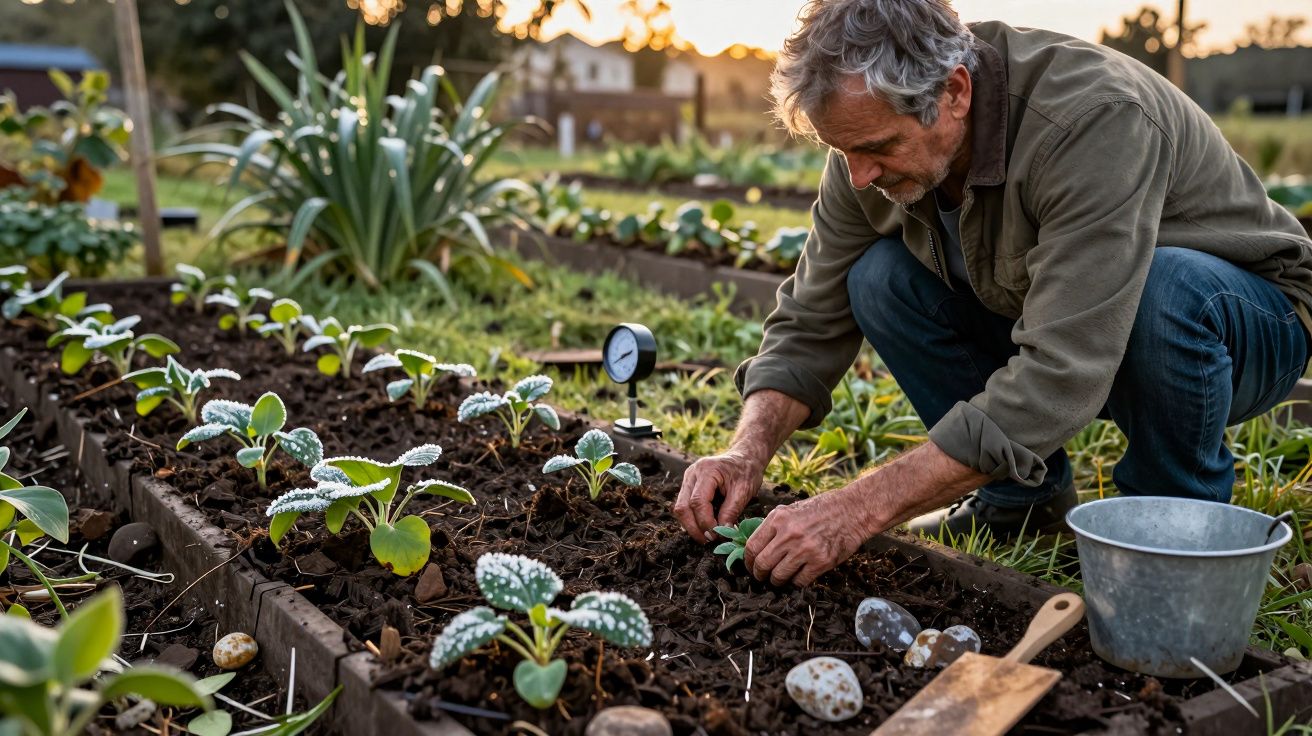 Homem a cuidar de plantas jovens em horta ao pôr do sol, com balde e ferramentas ao lado.