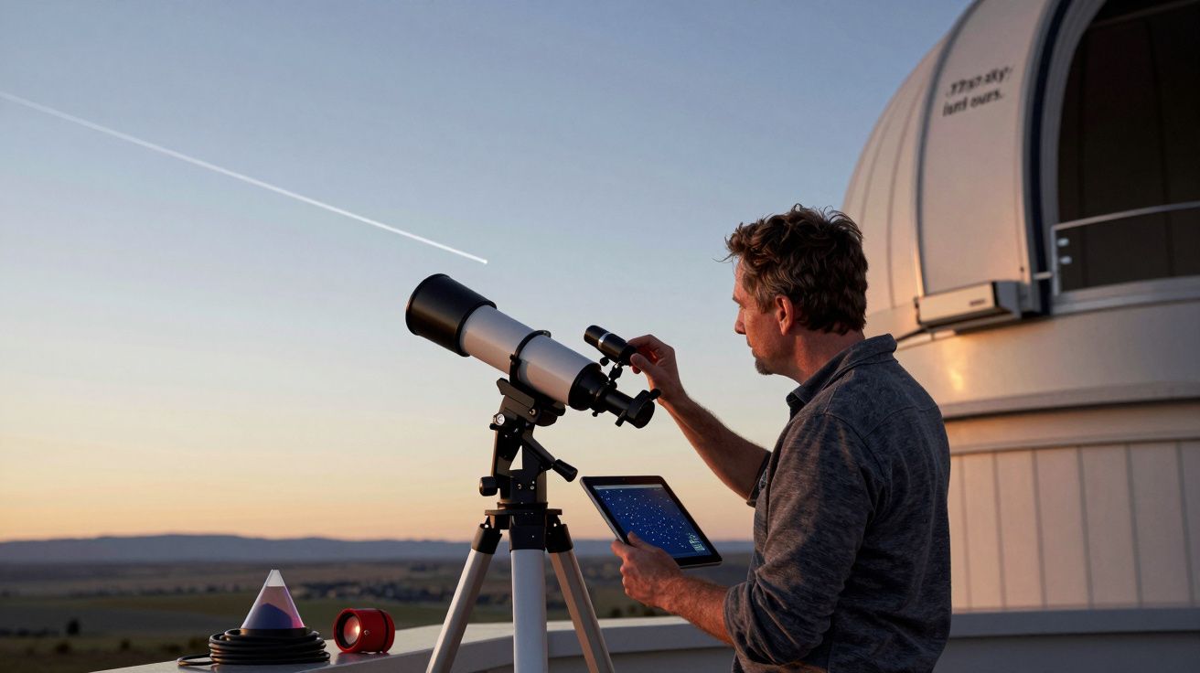 Homem observa o céu com telescópio ao pôr do sol, perto de um observatório. Um risco branco atravessa o céu.