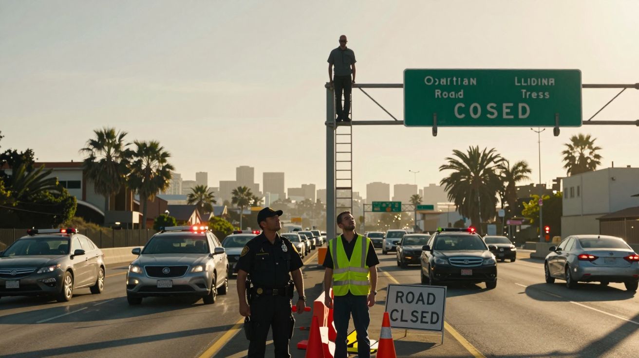 Trânsito interrompido numa estrada urbana; polícia, trabalhador com colete refletor e homem numa escada junto a placa.